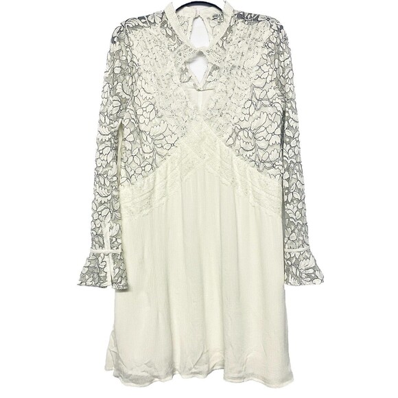 Tassels N Lace Off White Gauzy Dress w Long Lace Sleeves Size M Keyhole Back - Picture 1 of 10